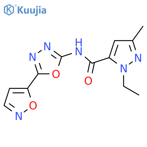 1-ethyl-3-methyl-N-5-(1,2-oxazol-5-yl)-1,3,4-oxadiazol-2-yl-1H-pyrazole-5-carboxamide structure