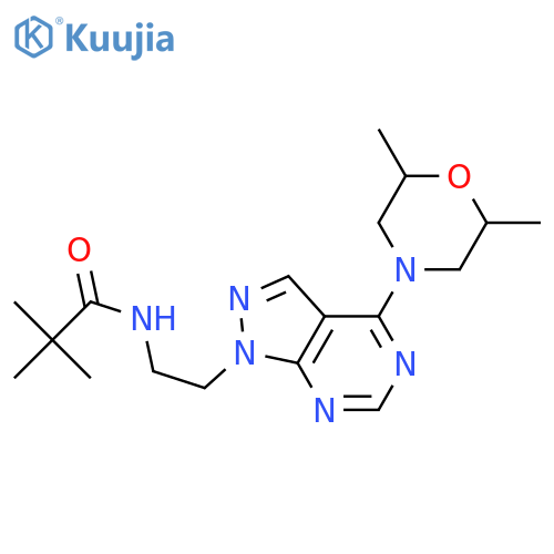N-{2-[4-(2,6-dimethylmorpholin-4-yl)-1H-pyrazolo[3,4-d]pyrimidin-1-yl]ethyl}-2,2-dimethylpropanamide structure
