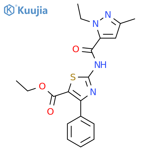 ethyl 2-(1-ethyl-3-methyl-1H-pyrazole-5-amido)-4-phenyl-1,3-thiazole-5-carboxylate structure