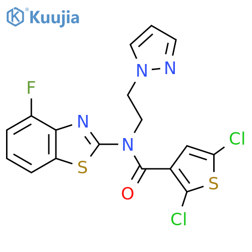 2,5-dichloro-N-(4-fluoro-1,3-benzothiazol-2-yl)-N-2-(1H-pyrazol-1-yl)ethylthiophene-3-carboxamide structure