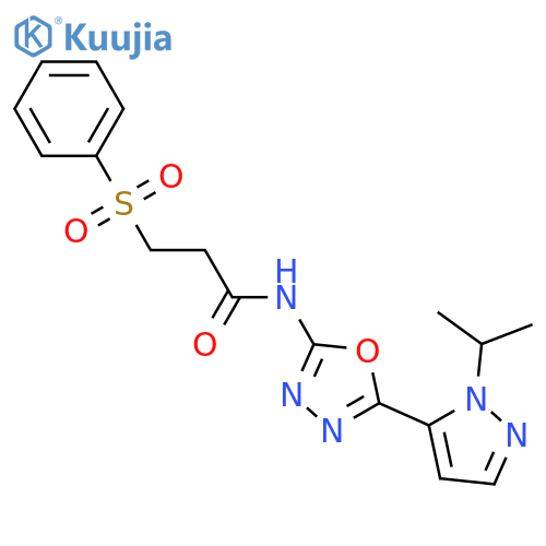 3-(benzenesulfonyl)-N-{5-1-(propan-2-yl)-1H-pyrazol-5-yl-1,3,4-oxadiazol-2-yl}propanamide structure