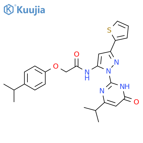N-{1-[6-oxo-4-(propan-2-yl)-1,6-dihydropyrimidin-2-yl]-3-(thiophen-2-yl)-1H-pyrazol-5-yl}-2-[4-(propan-2-yl)phenoxy]acetamide structure