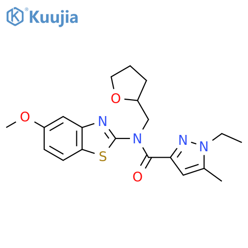1-ethyl-N-(5-methoxy-1,3-benzothiazol-2-yl)-5-methyl-N-(oxolan-2-yl)methyl-1H-pyrazole-3-carboxamide structure