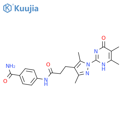 4-{3-1-(4,5-dimethyl-6-oxo-1,6-dihydropyrimidin-2-yl)-3,5-dimethyl-1H-pyrazol-4-ylpropanamido}benzamide structure
