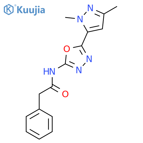 N-5-(1,3-dimethyl-1H-pyrazol-5-yl)-1,3,4-oxadiazol-2-yl-2-phenylacetamide structure