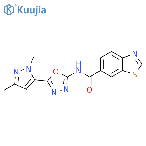 N-5-(1,3-dimethyl-1H-pyrazol-5-yl)-1,3,4-oxadiazol-2-yl-1,3-benzothiazole-6-carboxamide structure