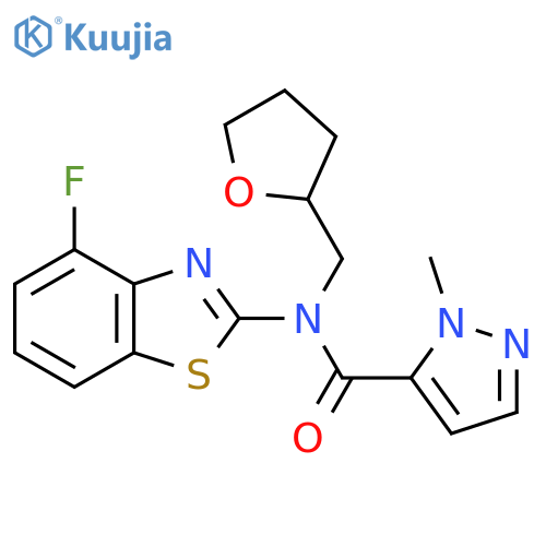 N-(4-fluoro-1,3-benzothiazol-2-yl)-1-methyl-N-(oxolan-2-yl)methyl-1H-pyrazole-5-carboxamide structure