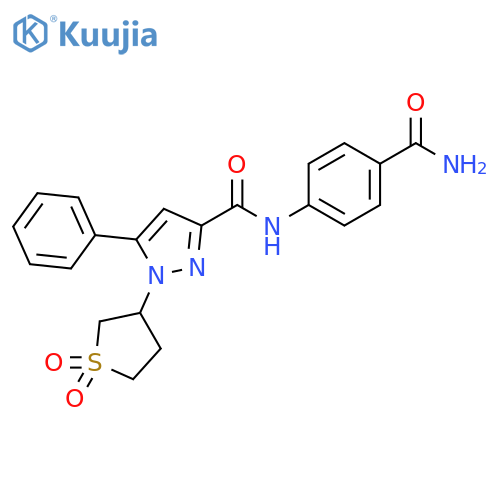 N-(4-carbamoylphenyl)-1-(1,1-dioxo-1lambda6-thiolan-3-yl)-5-phenyl-1H-pyrazole-3-carboxamide structure