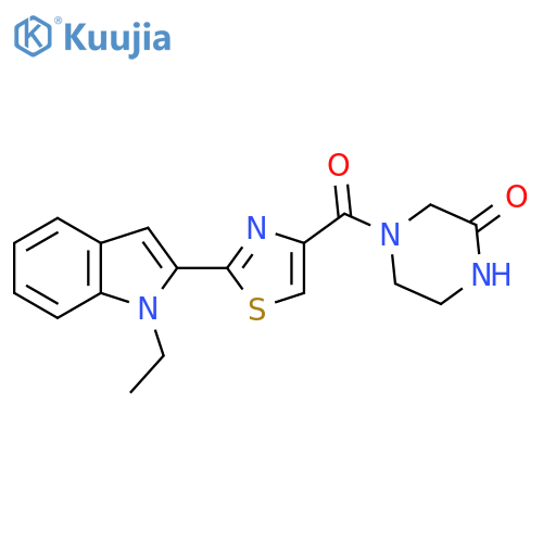 4-2-(1-ethyl-1H-indol-2-yl)-1,3-thiazole-4-carbonylpiperazin-2-one structure
