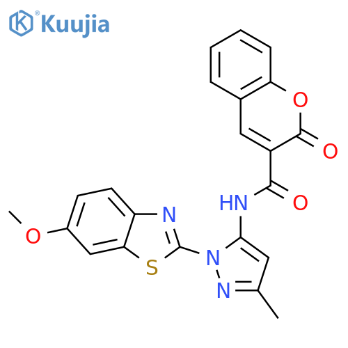 N-[1-(6-methoxy-1,3-benzothiazol-2-yl)-3-methyl-1H-pyrazol-5-yl]-2-oxo-2H-chromene-3-carboxamide structure