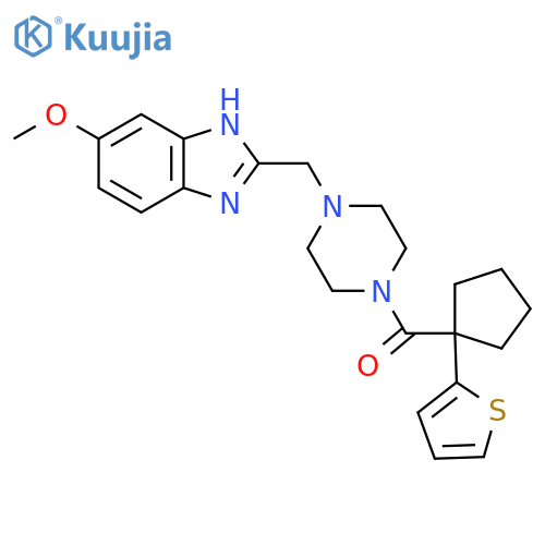 5-methoxy-2-({4-1-(thiophen-2-yl)cyclopentanecarbonylpiperazin-1-yl}methyl)-1H-1,3-benzodiazole structure