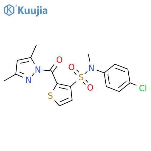 N-(4-chlorophenyl)-2-(3,5-dimethylpyrazole-1-carbonyl)-N-methylthiophene-3-sulfonamide structure