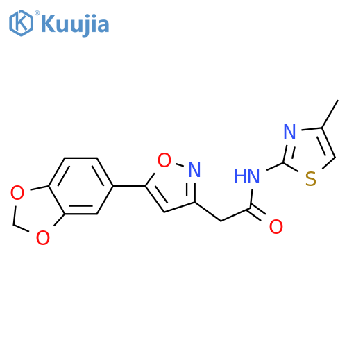 2-5-(2H-1,3-benzodioxol-5-yl)-1,2-oxazol-3-yl-N-(4-methyl-1,3-thiazol-2-yl)acetamide structure