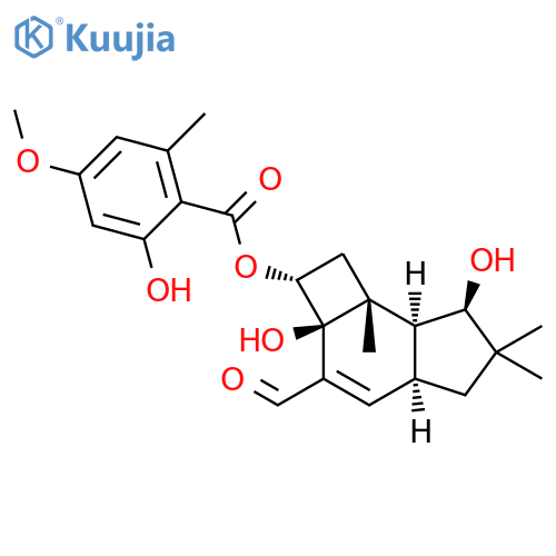 Benzoic acid, 2-hydroxy-4-methoxy-6-methyl-, (2R,2aS,4aS,7R,7aS,7bR)-3-formyl-2,2a,4a,5,6,7,7a,7b-octahydro-2a,7-dihydroxy-6,6,7b-trimethyl-1H-cyclobut[e]inden-2-yl ester structure
