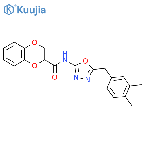N-{5-(3,4-dimethylphenyl)methyl-1,3,4-oxadiazol-2-yl}-2,3-dihydro-1,4-benzodioxine-2-carboxamide structure