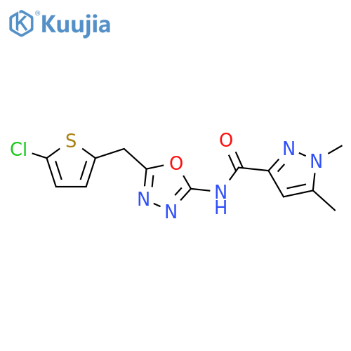 N-{5-(5-chlorothiophen-2-yl)methyl-1,3,4-oxadiazol-2-yl}-1,5-dimethyl-1H-pyrazole-3-carboxamide structure