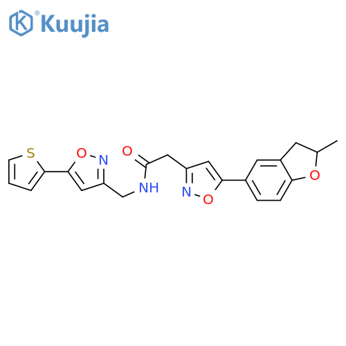 2-[5-(2-methyl-2,3-dihydro-1-benzofuran-5-yl)-1,2-oxazol-3-yl]-N-{[5-(thiophen-2-yl)-1,2-oxazol-3-yl]methyl}acetamide structure