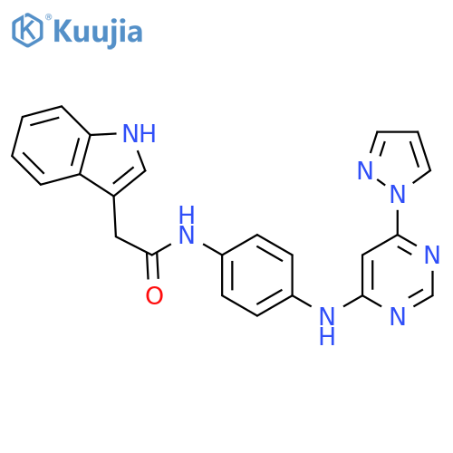 2-(1H-indol-3-yl)-N-(4-{6-(1H-pyrazol-1-yl)pyrimidin-4-ylamino}phenyl)acetamide structure