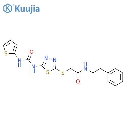 N-(2-phenylethyl)-2-[(5-{[(thiophen-2-yl)carbamoyl]amino}-1,3,4-thiadiazol-2-yl)sulfanyl]acetamide structure