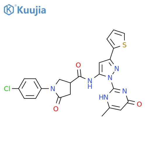 1-(4-chlorophenyl)-N-1-(4-methyl-6-oxo-1,6-dihydropyrimidin-2-yl)-3-(thiophen-2-yl)-1H-pyrazol-5-yl-5-oxopyrrolidine-3-carboxamide structure