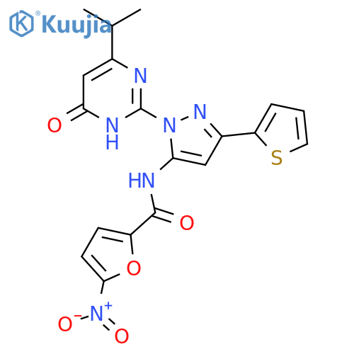 5-nitro-N-{1-6-oxo-4-(propan-2-yl)-1,6-dihydropyrimidin-2-yl-3-(thiophen-2-yl)-1H-pyrazol-5-yl}furan-2-carboxamide structure