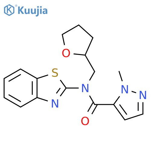 N-(1,3-benzothiazol-2-yl)-1-methyl-N-(oxolan-2-yl)methyl-1H-pyrazole-5-carboxamide structure