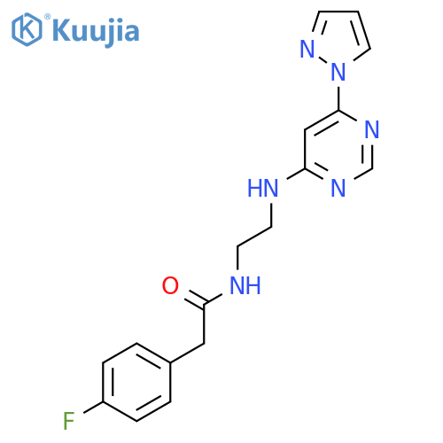 2-(4-fluorophenyl)-N-(2-{6-(1H-pyrazol-1-yl)pyrimidin-4-ylamino}ethyl)acetamide structure