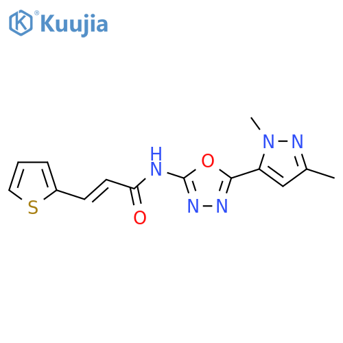 (2E)-N-5-(1,3-dimethyl-1H-pyrazol-5-yl)-1,3,4-oxadiazol-2-yl-3-(thiophen-2-yl)prop-2-enamide structure