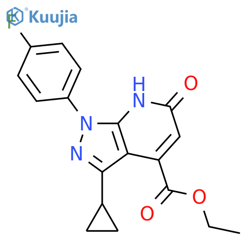 ethyl 3-cyclopropyl-1-(4-fluorophenyl)-6-oxo-1H,6H,7H-pyrazolo3,4-bpyridine-4-carboxylate structure