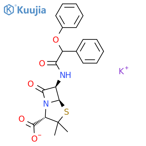 4-Thia-1-azabicyclo[3.2.0]heptane-2-carboxylicacid, 3,3-dimethyl-7-oxo-6-[(2-phenoxy-2-phenylacetyl)amino]-, potassium salt(1:1), (2S,5R,6R)- structure