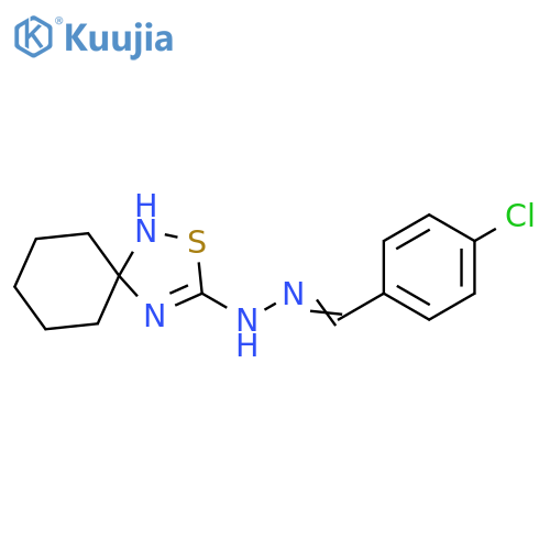 Benzaldehyde, 4-chloro-, 2-(2-thia-1,4-diazaspiro[4.5]dec-3-en-3-yl)hydrazone structure