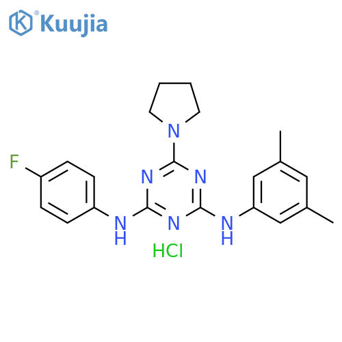 N2-(3,5-dimethylphenyl)-N4-(4-fluorophenyl)-6-(pyrrolidin-1-yl)-1,3,5-triazine-2,4-diamine hydrochloride structure