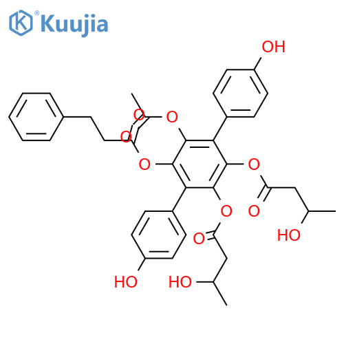 [p-Terphenyl]-2',3',4,4'',5',6'-hexol; 2'-O-(3-Phenylpropanoyl), 5',6'-O-bis(3S-hydroxybutanoyl), 3'-Ac structure