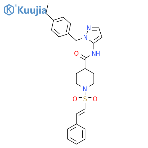 N-[2-[(4-ethylphenyl)methyl]pyrazol-3-yl]-1-[(E)-2-phenylethenyl]sulfonylpiperidine-4-carboxamide structure