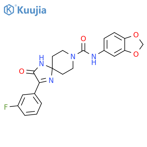 N-(2H-1,3-benzodioxol-5-yl)-2-(3-fluorophenyl)-3-oxo-1,4,8-triazaspiro[4.5]dec-1-ene-8-carboxamide structure