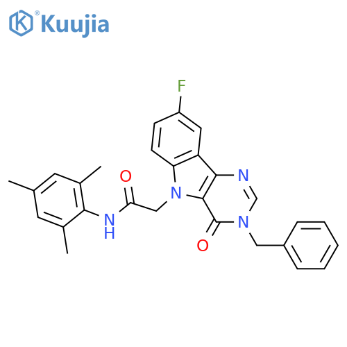 2-{3-benzyl-8-fluoro-4-oxo-3H,4H,5H-pyrimido[5,4-b]indol-5-yl}-N-(2,4,6-trimethylphenyl)acetamide structure