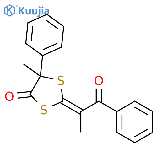 (E)-5-methyl-2-(1-oxo-1-phenylpropan-2-ylidene)-5-phenyl-1,3-dithiolan-4-one structure