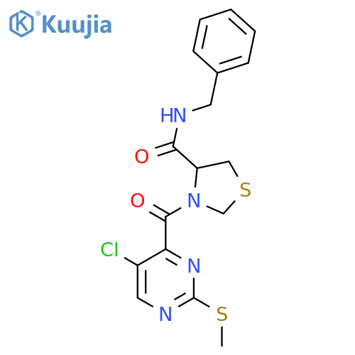N-benzyl-3-5-chloro-2-(methylsulfanyl)pyrimidine-4-carbonyl-1,3-thiazolidine-4-carboxamide structure