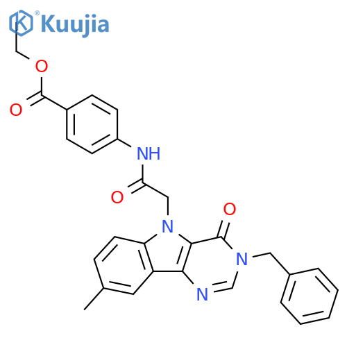 ethyl 4-(2-{3-benzyl-8-methyl-4-oxo-3H,4H,5H-pyrimido[5,4-b]indol-5-yl}acetamido)benzoate structure