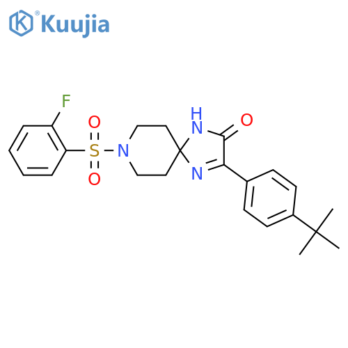 3-(4-tert-butylphenyl)-8-(2-fluorobenzenesulfonyl)-1,4,8-triazaspiro[4.5]dec-3-en-2-one structure