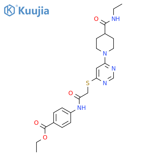 ethyl 4-2-({6-4-(ethylcarbamoyl)piperidin-1-ylpyrimidin-4-yl}sulfanyl)acetamidobenzoate structure