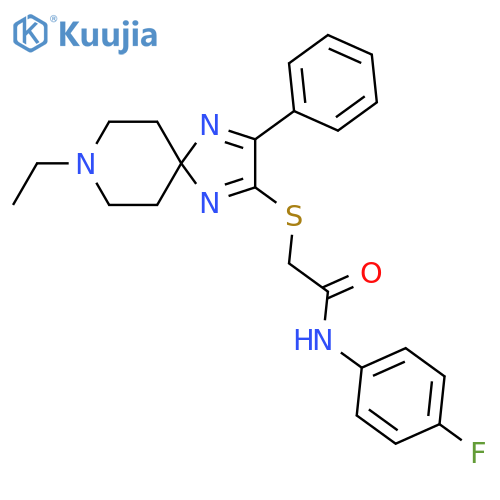 2-({8-ethyl-3-phenyl-1,4,8-triazaspiro[4.5]deca-1,3-dien-2-yl}sulfanyl)-N-(4-fluorophenyl)acetamide structure