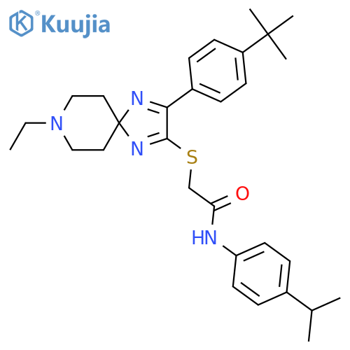 2-{[3-(4-tert-butylphenyl)-8-ethyl-1,4,8-triazaspiro[4.5]deca-1,3-dien-2-yl]sulfanyl}-N-[4-(propan-2-yl)phenyl]acetamide structure