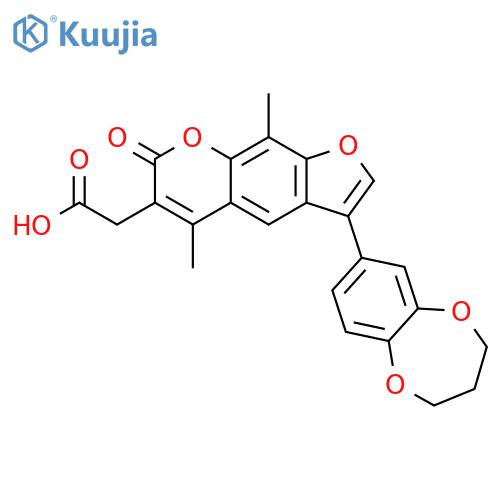 2-[3-(3,4-dihydro-2H-1,5-benzodioxepin-7-yl)-5,9-dimethyl-7-oxofuro[3,2-g]chromen-6-yl]acetic acid structure