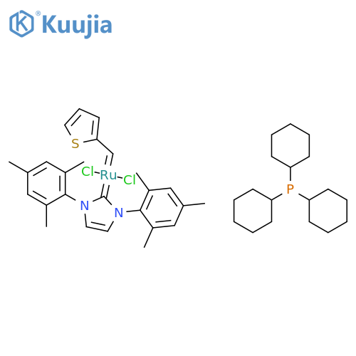 Dichloro[1,3-dihydro-1,3-bis(2,4,6-trimethylphenyl)-2H-imidazol-2-ylidene](2-thienylmethylene)(tricyclohexylphosphine)ruthenium structure