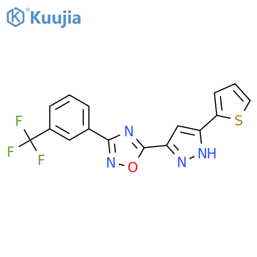 5-[3-(thiophen-2-yl)-1H-pyrazol-5-yl]-3-[3-(trifluoromethyl)phenyl]-1,2,4-oxadiazole structure