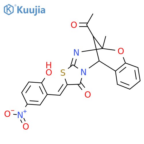 (13Z)-16-acetyl-13-(2-hydroxy-5-nitrophenyl)methylidene-9-methyl-8-oxa-12-thia-10,15-diazatetracyclo7.6.1.0^{2,7}.0^{11,15}hexadeca-2,4,6,10-tetraen-14-one structure