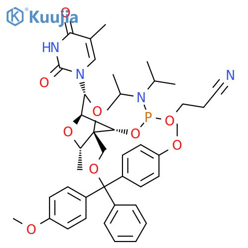 2,4(1H,3H)-Pyrimidinedione, 1-[2,5-anhydro-4-C-[[bis(4-methoxyphenyl)phenylmethoxy]methyl]-3-O-[[bis(1-methylethyl)amino](2-cyanoethoxy)phosphino]-6-deoxy-α-L-mannofuranosyl]-5-methyl- structure