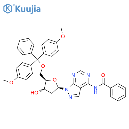 Benzamide,N-[1-[5-O-[bis(4-methoxyphenyl)phenylmethyl]-2-deoxy-b-D-erythro-pentofuranosyl]-1H-pyrazolo[3,4-d]pyrimidin-4-yl]- structure