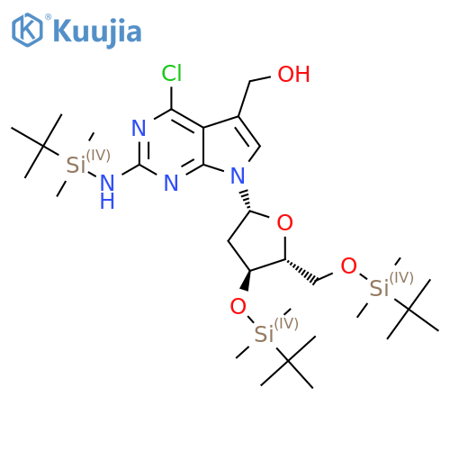 7H-Pyrrolo[2,3-d]pyrimidine-5-methanol, 4-chloro-7-[2-deoxy-3,5-bis-O-[(1,1-dimethylethyl)dimethylsilyl]-beta-D-erythro-pentofuranosyl]-2-[[(1,1-dimethylethyl)dimethylsilyl]amino]- structure